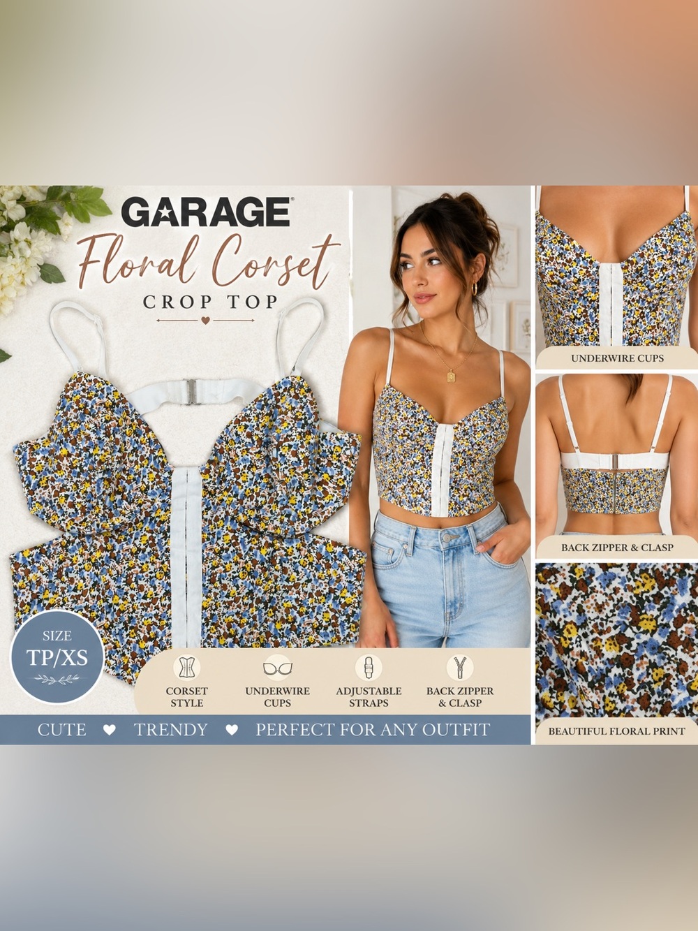 Garage Blue, Yellow & White Floral Corset Crop Top